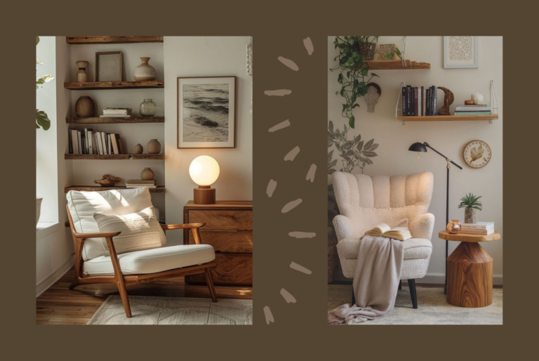 cantinho de leitura acolhedor, com bastante luz, aconchegante e confortavel