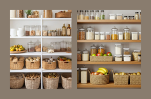 Despensa funcional para casa pequena, com potes transparentes e cestos para armazenar os alimentos.