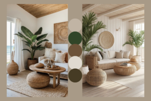 Sala decorada no estilo boho com móveis em fibra natural, plantas verdes, almofadas neutras e tons terrosos aconchegantes.