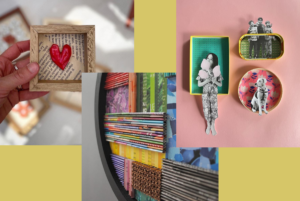 Quadros decorativos artesanais com materiais recicláveis como papelão, páginas de livros, latas e rolos de papel, ilustrando ideias criativas de arte sustentável e reaproveitamento.